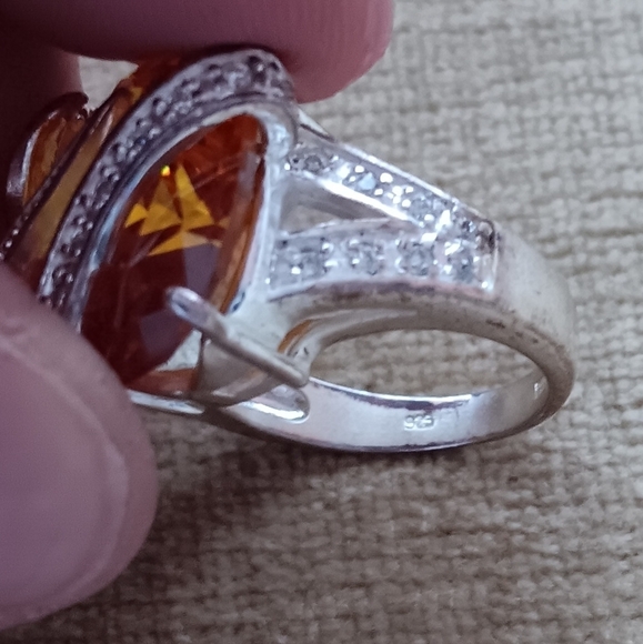 Gold Synthetic Gem Stone Marcasite Silver Ring - Picture 2 of 10